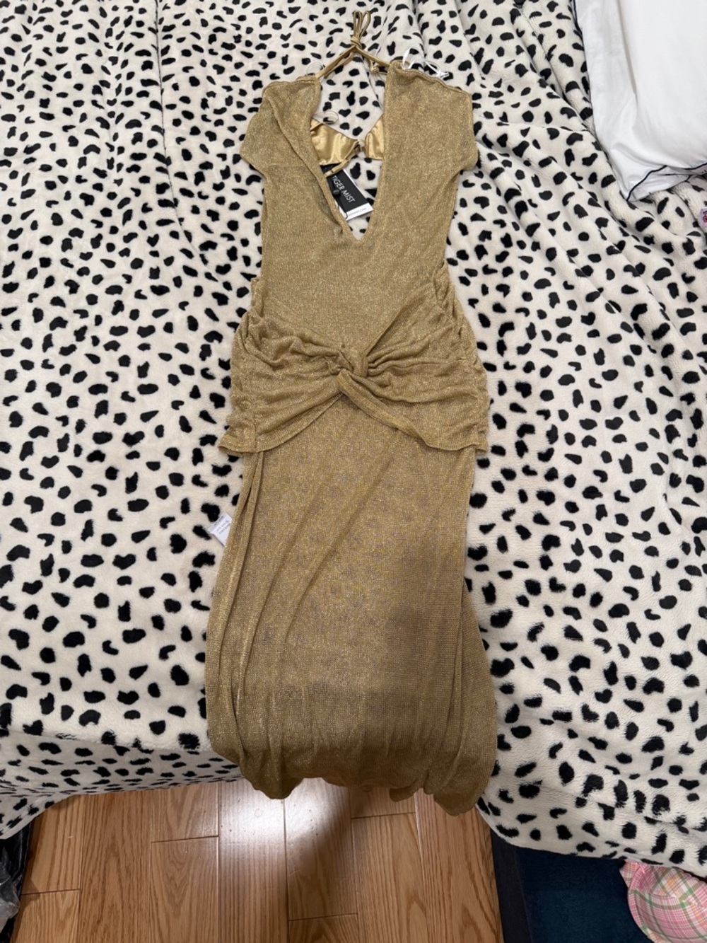 Tiger Mist Gold Halter Knot Maxi Dress